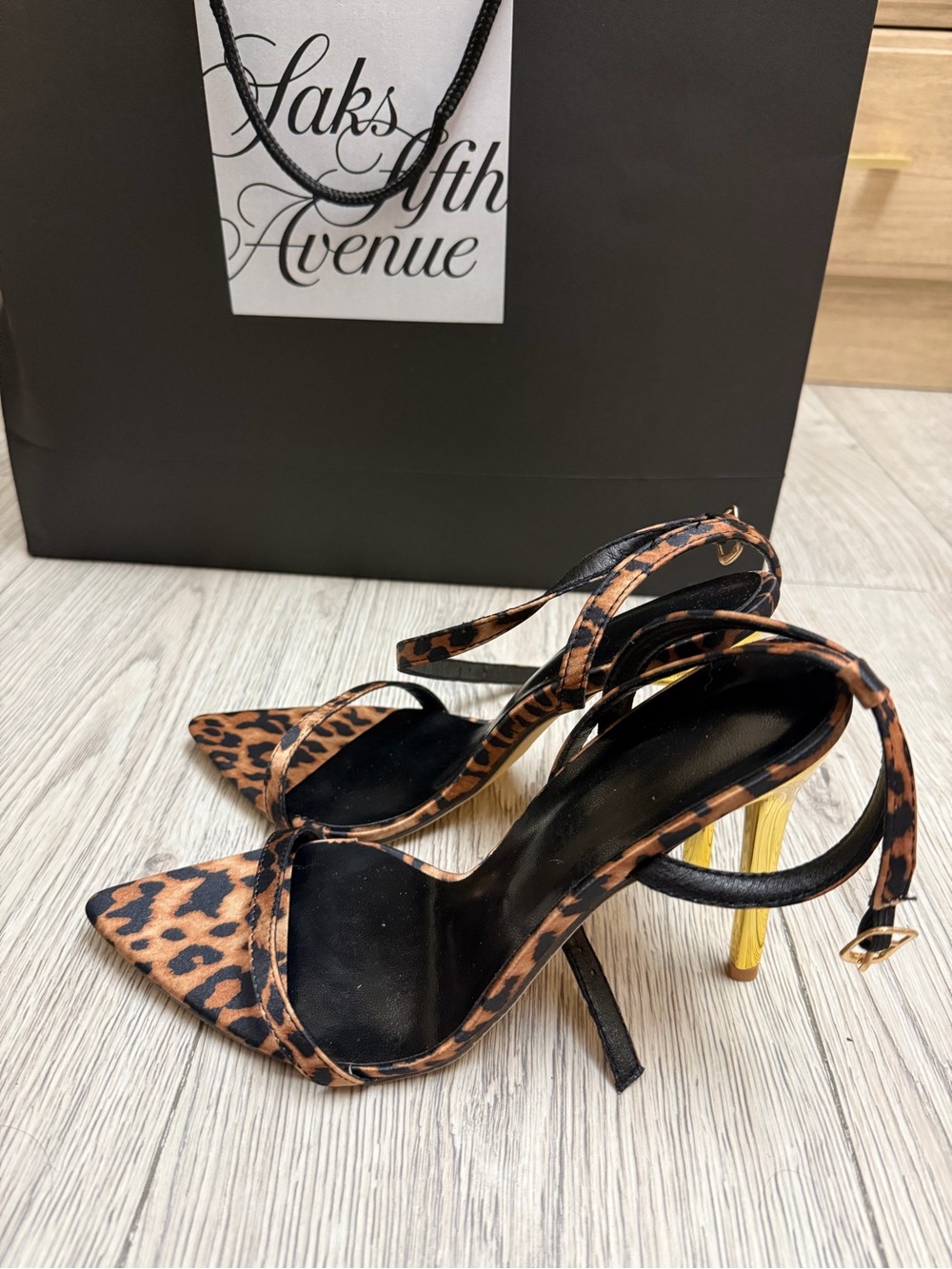 Leopard Print Pointed Toe Stiletto Sandals - Gold Heel